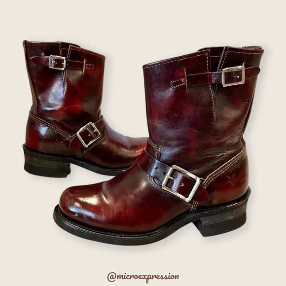 $389 Veronica Short Engineer Lug Sole Belted Red Oxblood Leather Moto Ankle Boot - Picture 13 of 13
